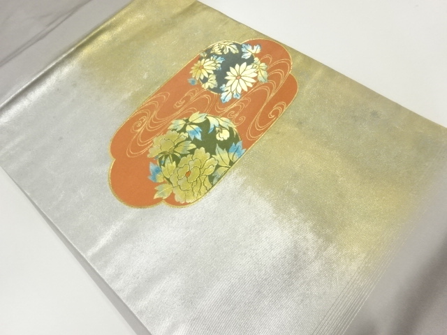JAPANESE KIMONO / VINTAGE NAGOYA OBI / FOIL / STREAM & PEONY